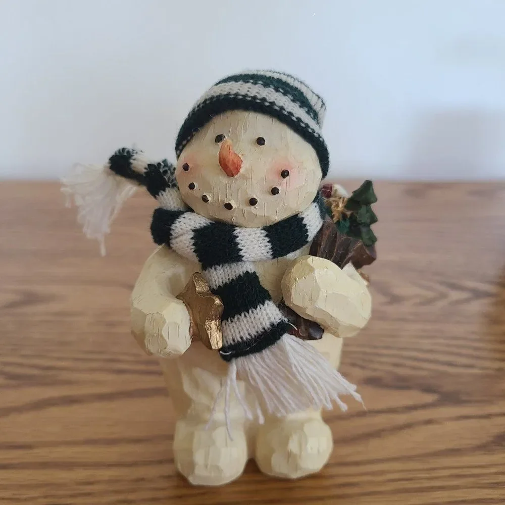 Vintage Wood-Look Snowman Figurine & Ceramic Snowman Bucket Pail Snowman Lot